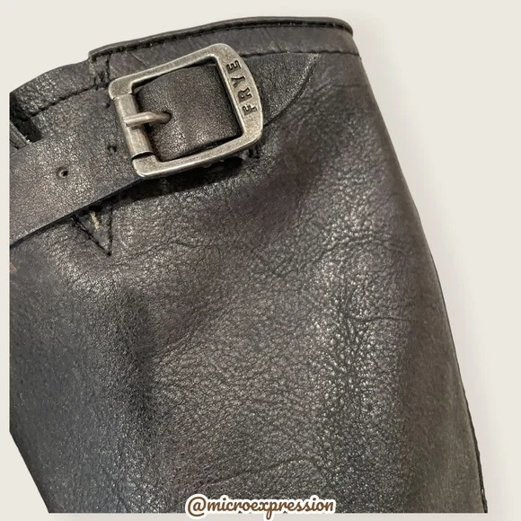 Frye Vera Slouch Grey Black Leather Block Heel Moto Knee High Tall Buckle Boot - Picture 11 of 13